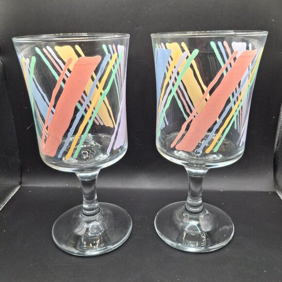 Vintage Hand-Painted Fiesta Pastel Striped Stemmed Footed Wine Glasses Set of 2 - Picture 3 of 6